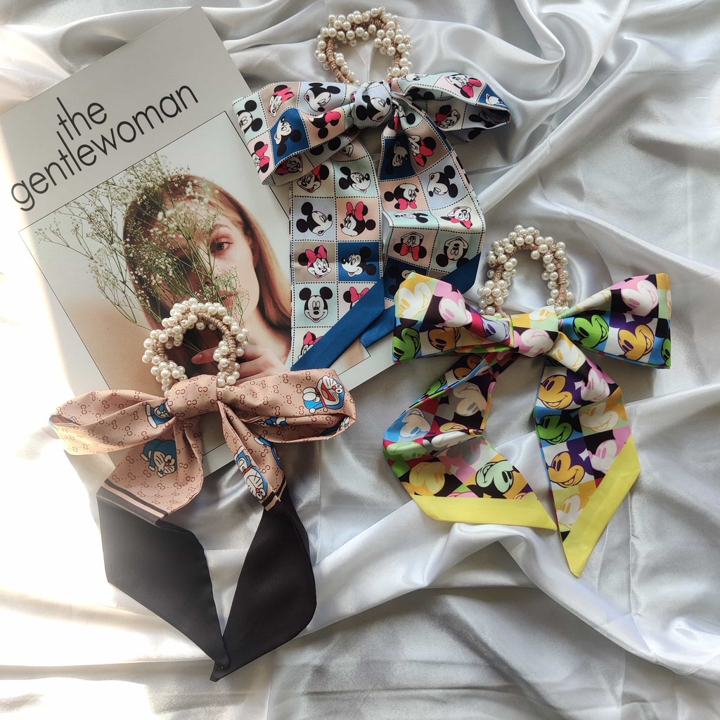 Dây buộc tóc ruy băng co giãn đính ngọc trai phong cách Hàn Quốc 2021 cho nữ