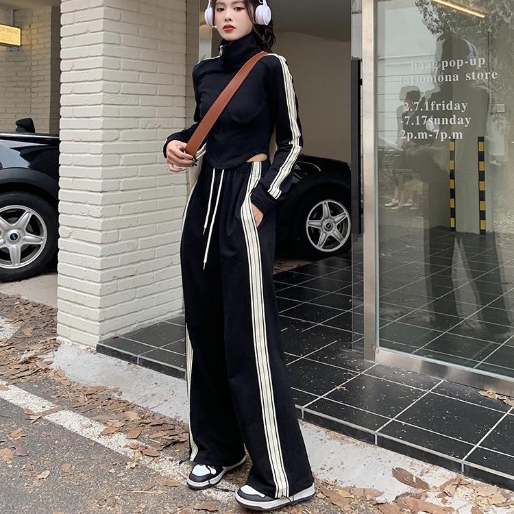 Set đồ gồm áo len COZOKC tay dài cổ đứng phối quần dài lưng cao thời trang trẻ trung