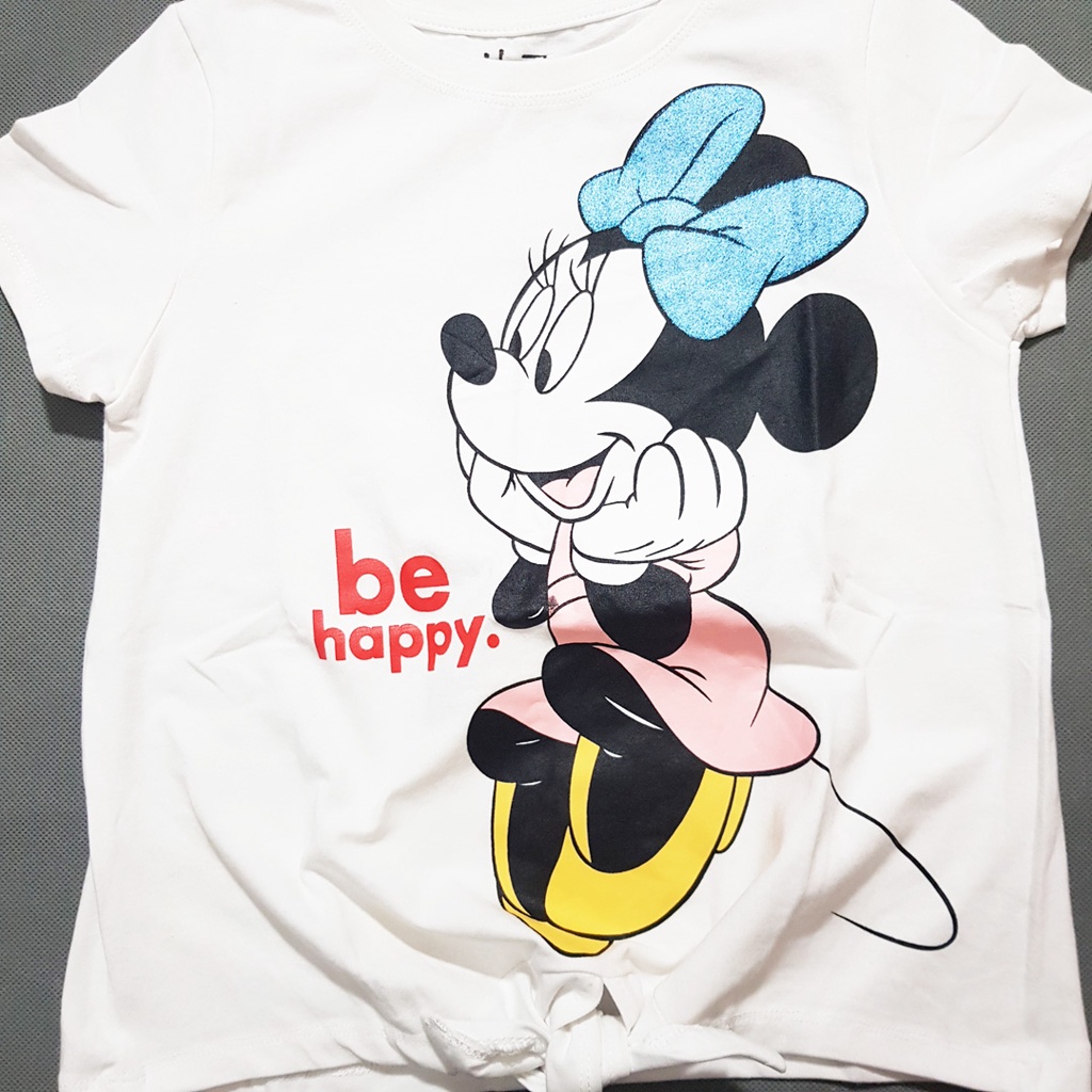 Áo thun cotton buộc dây in mickey nơ bé gái