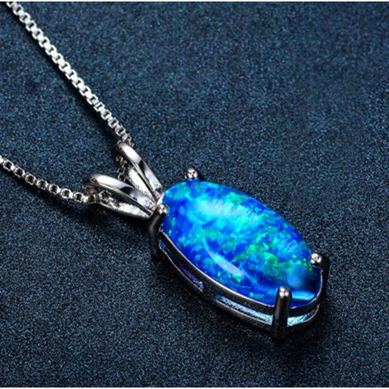 Dây Chuyền Bạc Mặt Oval Màu Xanh Dương Và Đá Opal