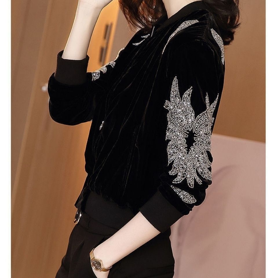 Gold velvet jacket women's 2022 Spring and Autumn new sequins black cardigan baseball shirt women's trend
