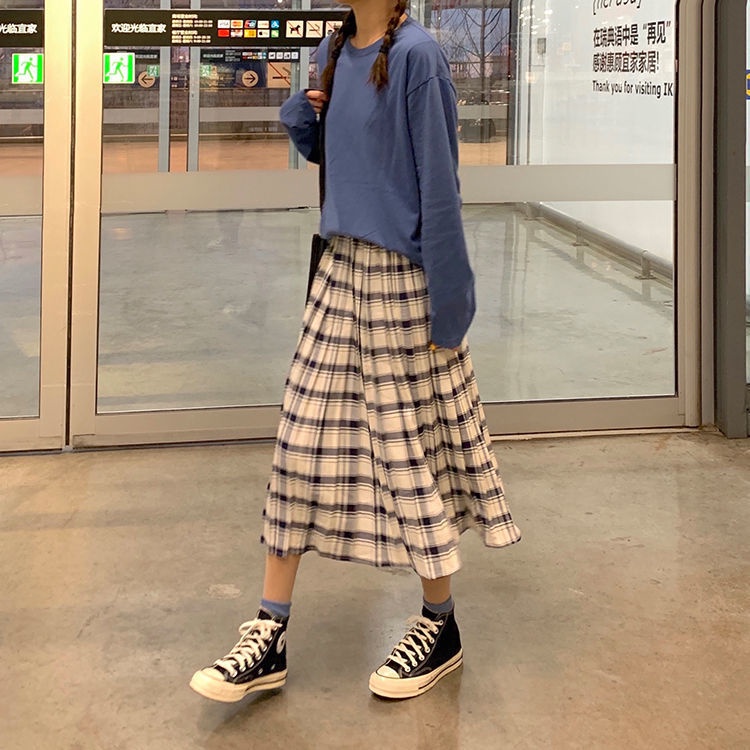 Chân Váy Midi Chữ A Lưng Cao Co Giãn Họa Tiết Sọc Caro Phong Cách Nhật Bản Cho Nữ