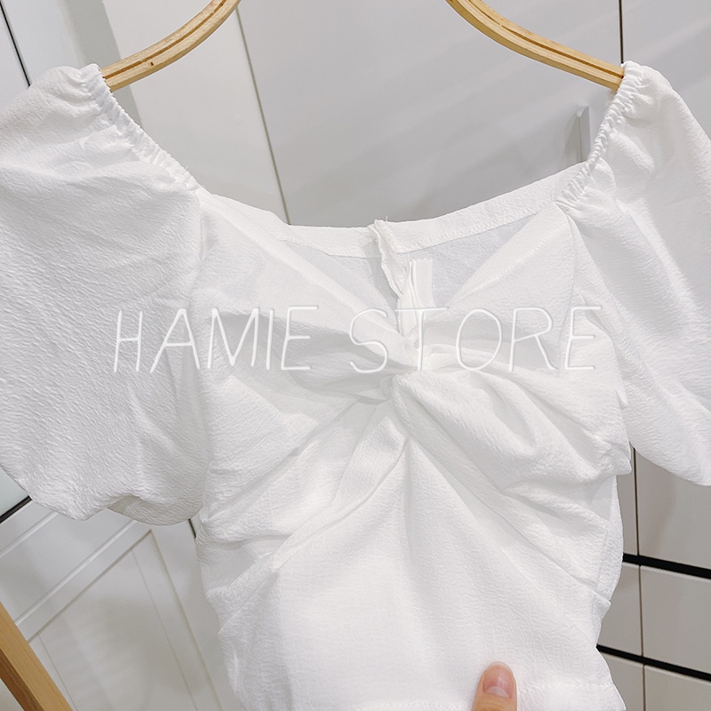 Áo kiểu croptop nữ bánh bèo tay phồng xoắn ngực HSG012, mẫu áo cá tính tay bồng bềnh
