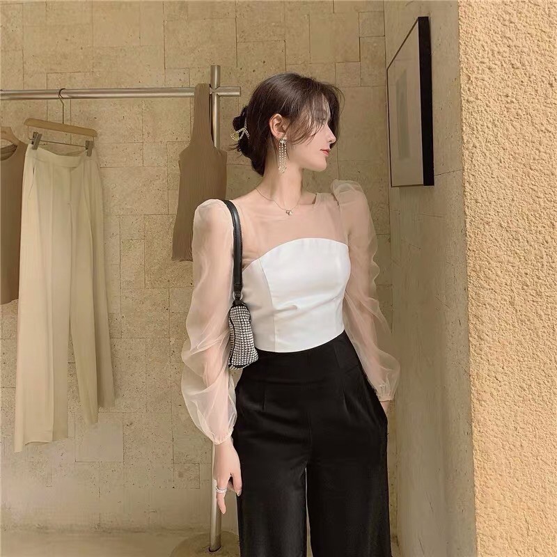 Áo croptop cúp ngực Ulzzang tay voan kèm ảnh thật