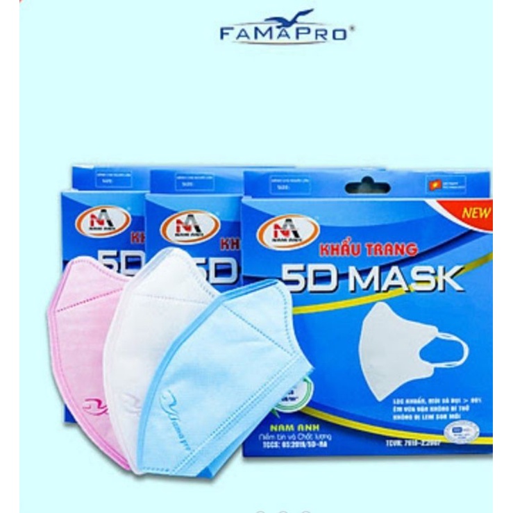 {5 hộp 50 cái} Khẩu trang 5D quai thun Nam Anh, Famapro, Công nghệ Nhật Bản, có màu Trắng xám xanh hồng