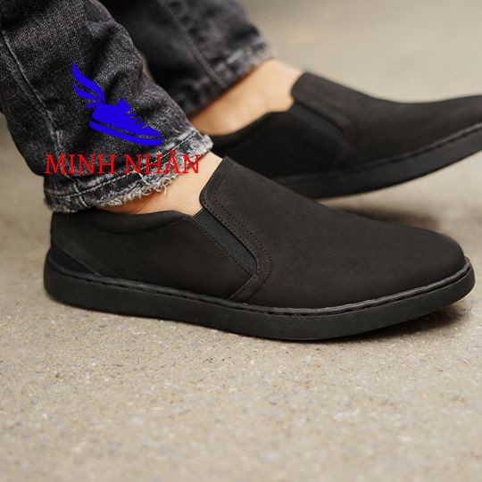 Giày lười giày nam da bò BẢO HÀNH 1 NĂM Giày da lộn (buck) nguyên tấm Giày Slip on da bò đế bệt S-22 màu đen và xám