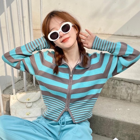 Áo khoác cardigan ZHELIHANGFEI dệt kim cổ bẻ dáng ôm hoạ tiết kẻ sọc hợp thời trang