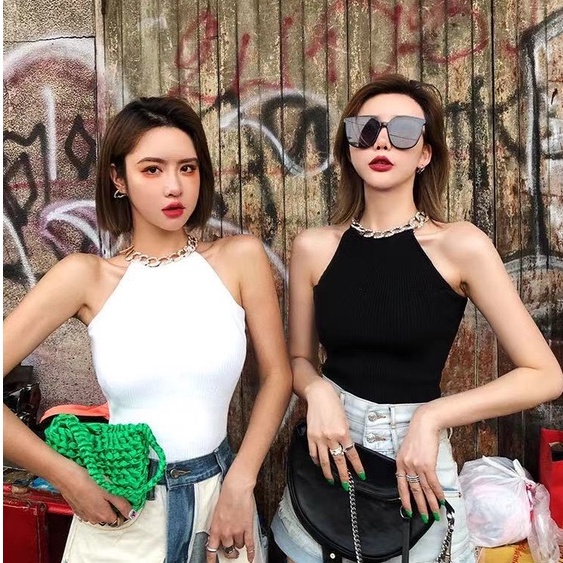 Áo dệt kim không tay dáng ôm phối dây xích thời trang mùa hè hàng công nghiệp mới Si0v