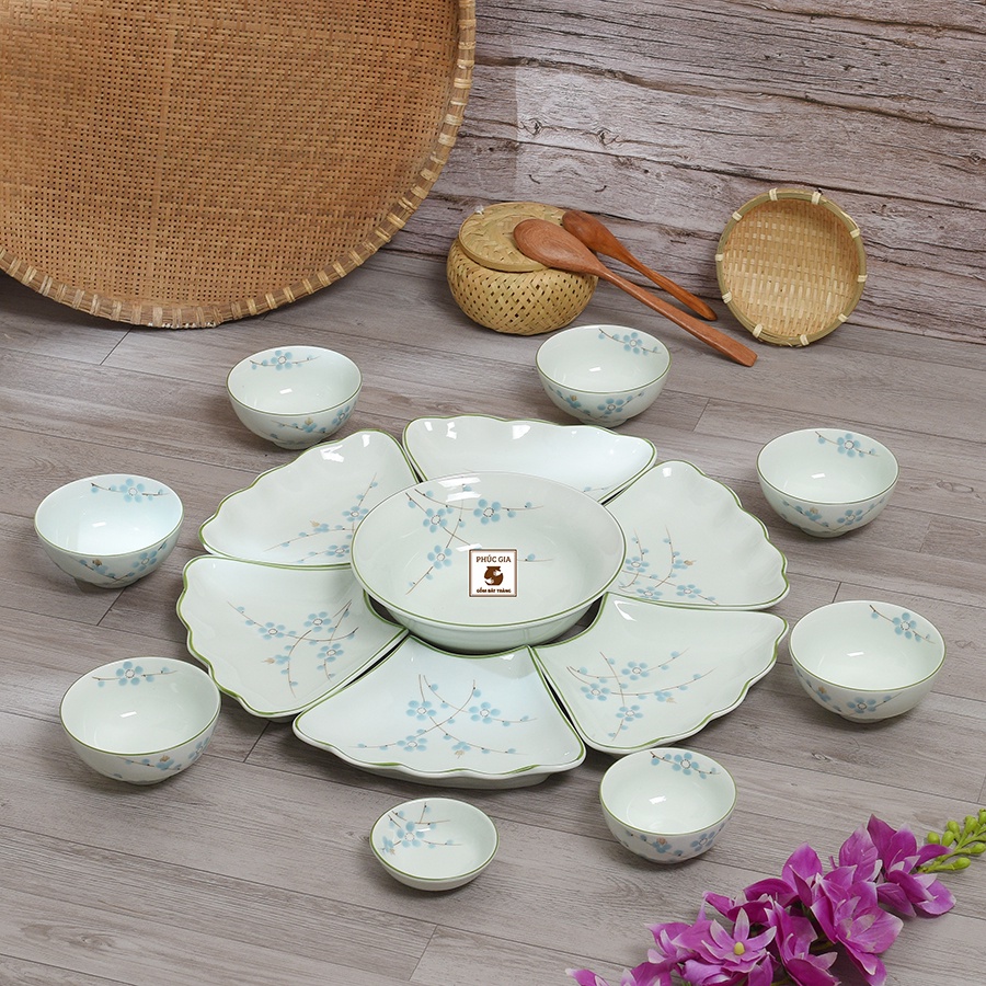 Bộ bát đĩa hoa mặt trời hoạ tiết Mai xanh, Gốm sứ Bát tràng cao cấp, Thuyền ngự gà mai vàng sz chuẩn dk 45cm