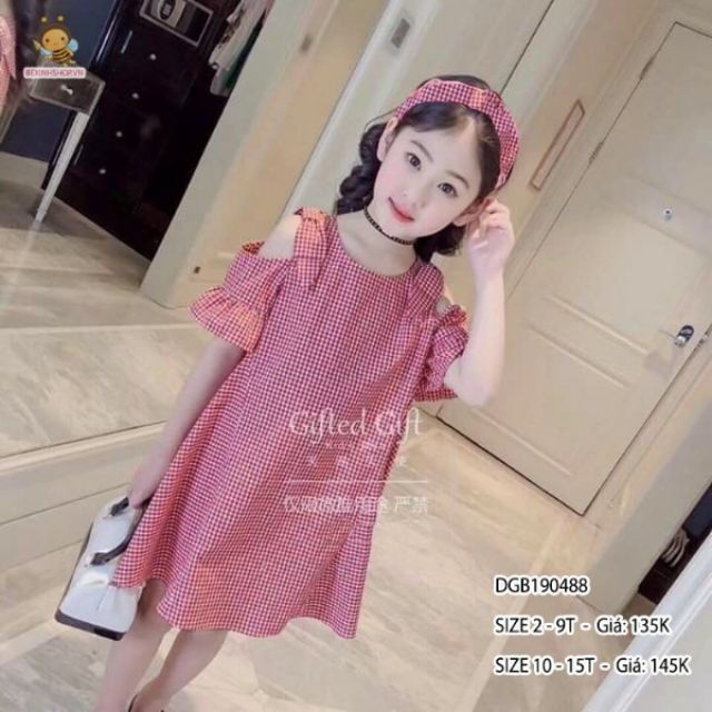 (Combo) Đầm caro khoét vai kèm tuban bé gái