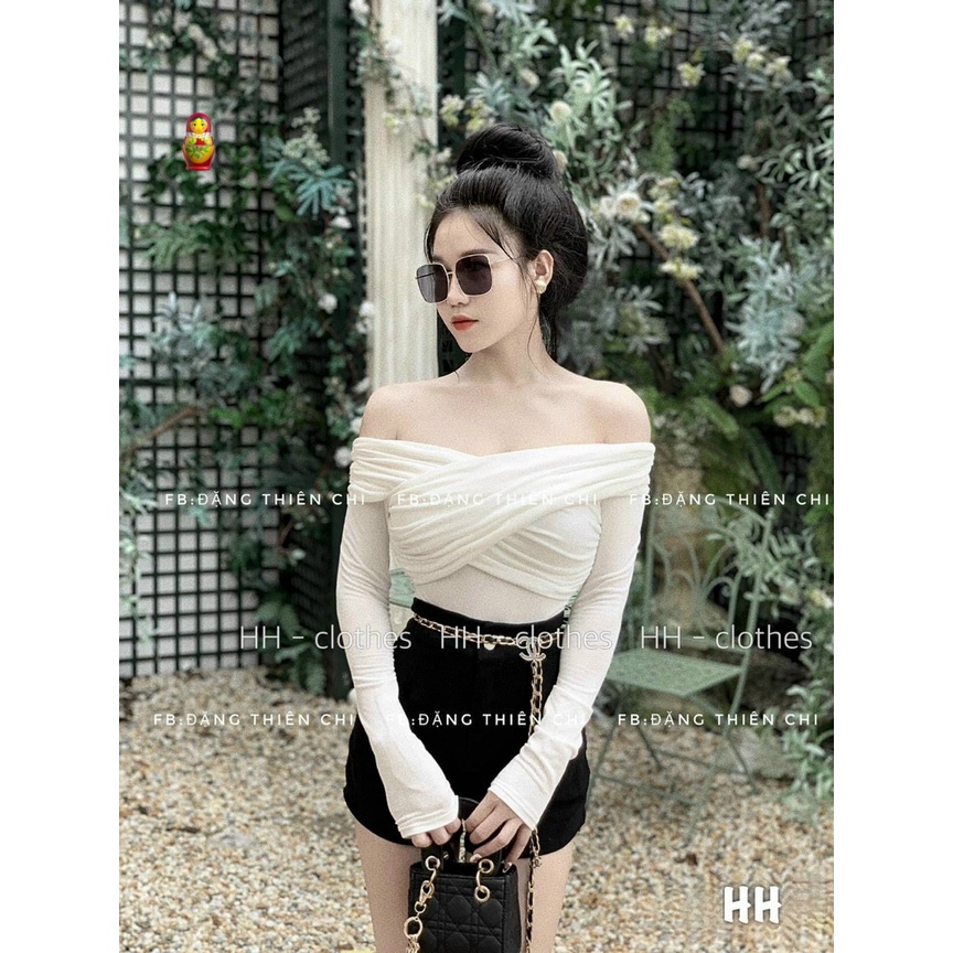 Áo kiểu nữ đắp chéo trễ vai tay dài chất thun bozip hot