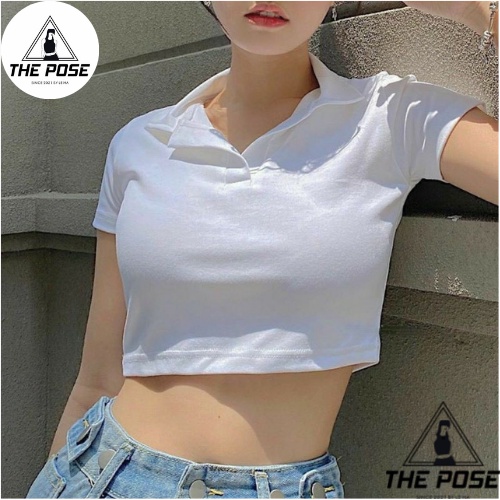 Áo Croptop Nữ Cổ Bẻ Áo POLO Trơn Basis 2 Màu Cơ Bản  THE POSE