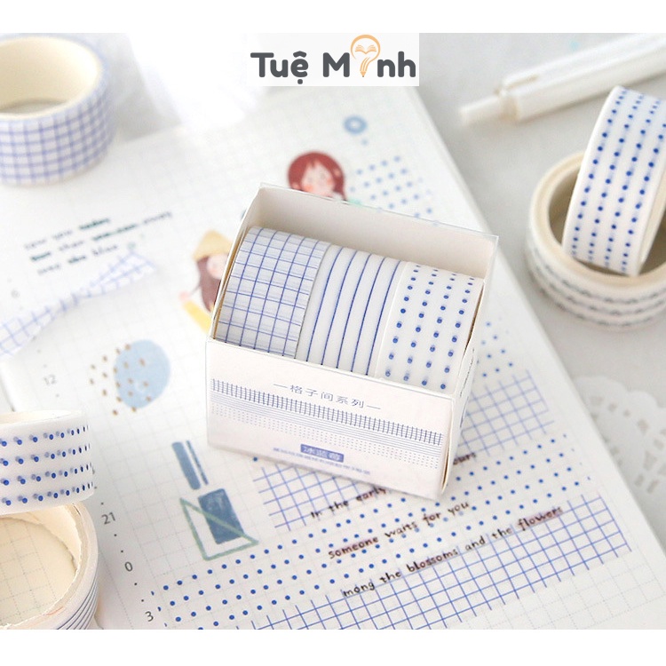 Set washi tape dài 3m họa tiết kẻ, chấm bi - bộ băng dính trang trí sổ Bullet Journal, thiệp