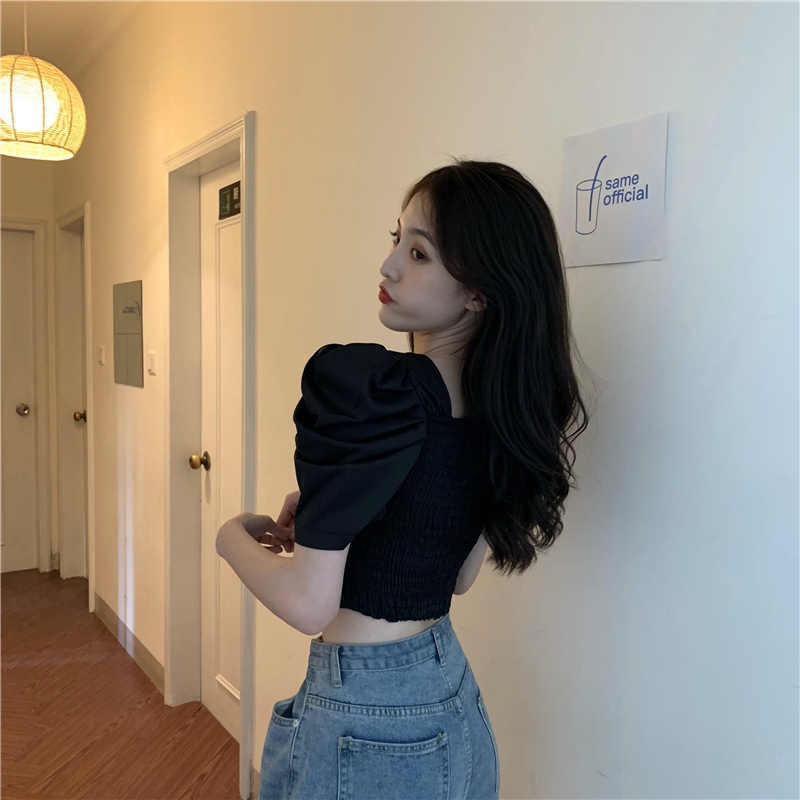 Áo Kiểu Tay Phồng Ngắn Cổ Chữ V Ôm Eo Thời Trang Mùa Hè Đơn Giản Dành Cho Nữ