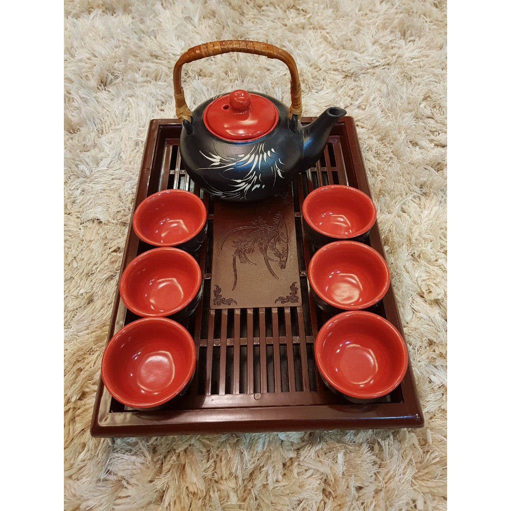 COMBO bộ ấm chén @ đen + KHAY NHỰA