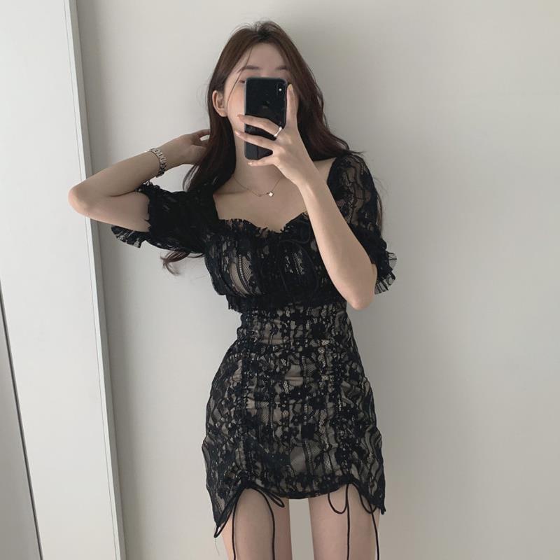 Đầm ren tay phồng ngắn phối dây rút thời trang xuân hè dành cho nữ
