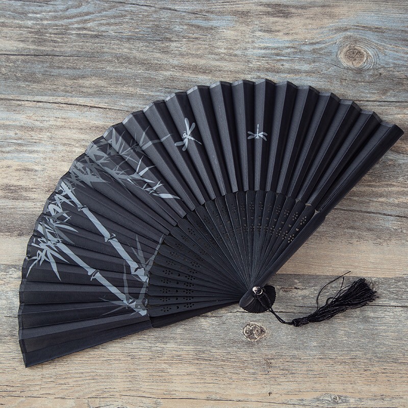 Quạt cổ trang quạt xếp nan trúc nền xám hoa trắng li ti cầm tay gập gọn dây tuyến cosplay phong cách cổ trang Trung Quốc