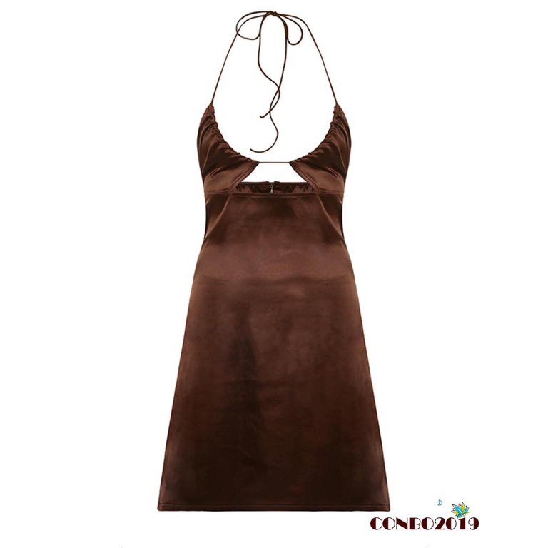 Đầm Ngắn Không Tay Cổ Yếm Cắt Sâu Màu Trơn Thời Trang Mùa Hè Cho Nữ