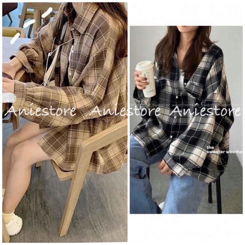 [ Mã WASTAPR giảm 10K đơn 50K] 🎄 Áo Sơ Mi Nữ Kẻ Tay Bồng 2 Màu