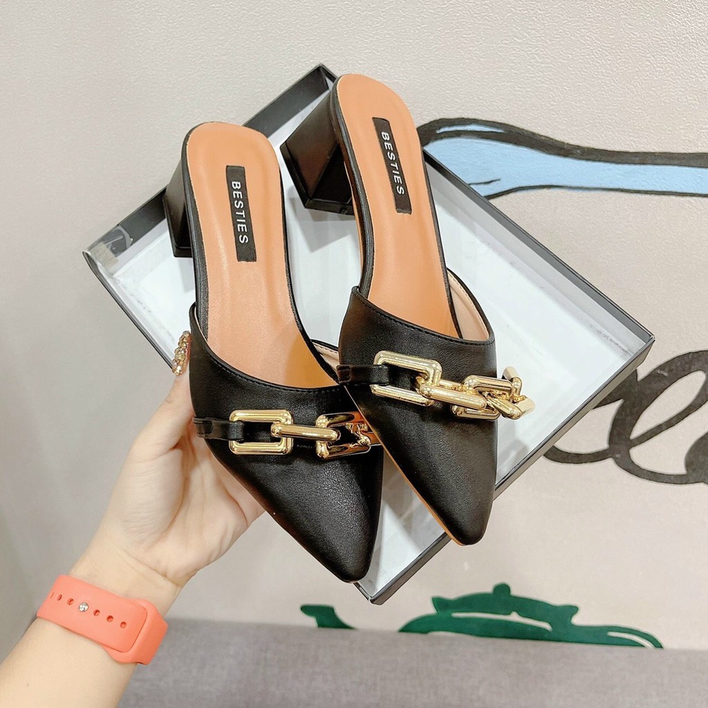 Giày/Sục Nữ Mũi Nhọn Phối Dây Xích Chất Da Xi Cao Cấp Đế Cao 5p Sang Chảnh Ôm From Lên Dáng Siêu Đẹp-T160