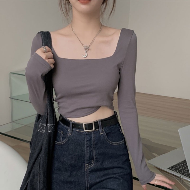 Áo thun YEYA ôm dáng tay dài cổ vuông xinh xắn thời trang dành cho nữ