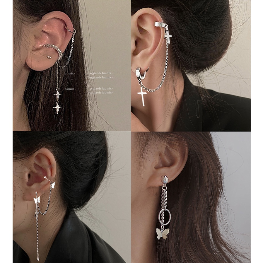 Khuyên tai IF YOU màu vàng/bạc dạng kẹp đính pha lê ngọc trai giả hình bướm phối tua rua thời trang