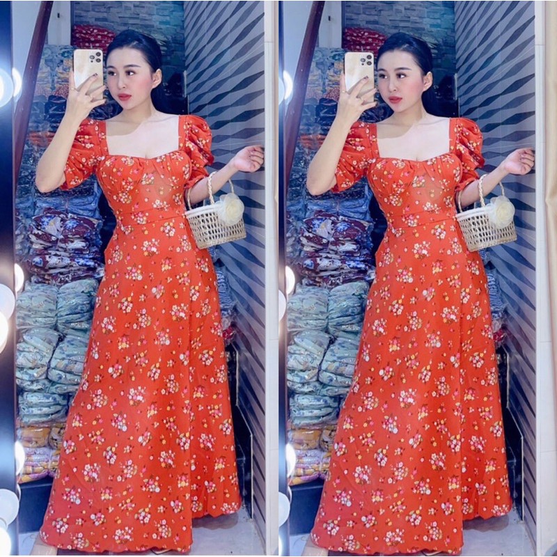 Đầm maxi hoa, trơn, hoạ tiết, chữ nhiều màu cổ vuông tay phồng có túi hai bên ảnh thật chính chủ