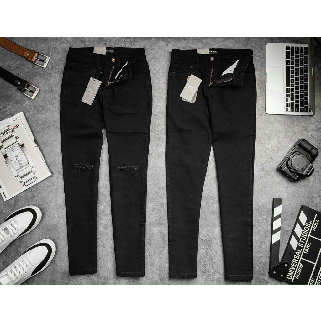 Quần jean nam đen Gấu 194 trơn &amp; rách vải jeans bò cotton duck cao cấp mềm mịn, co dãn - form slim fit [ Bigsize]