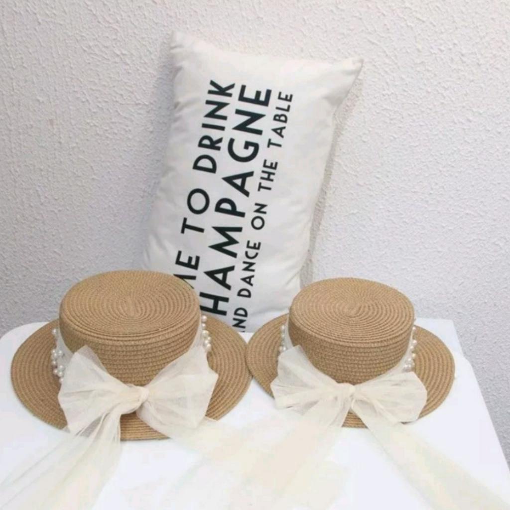 Mũ Cói Thắt Nơ Voan Lưới Đính Hạt Cho Mẹ &amp; Bé