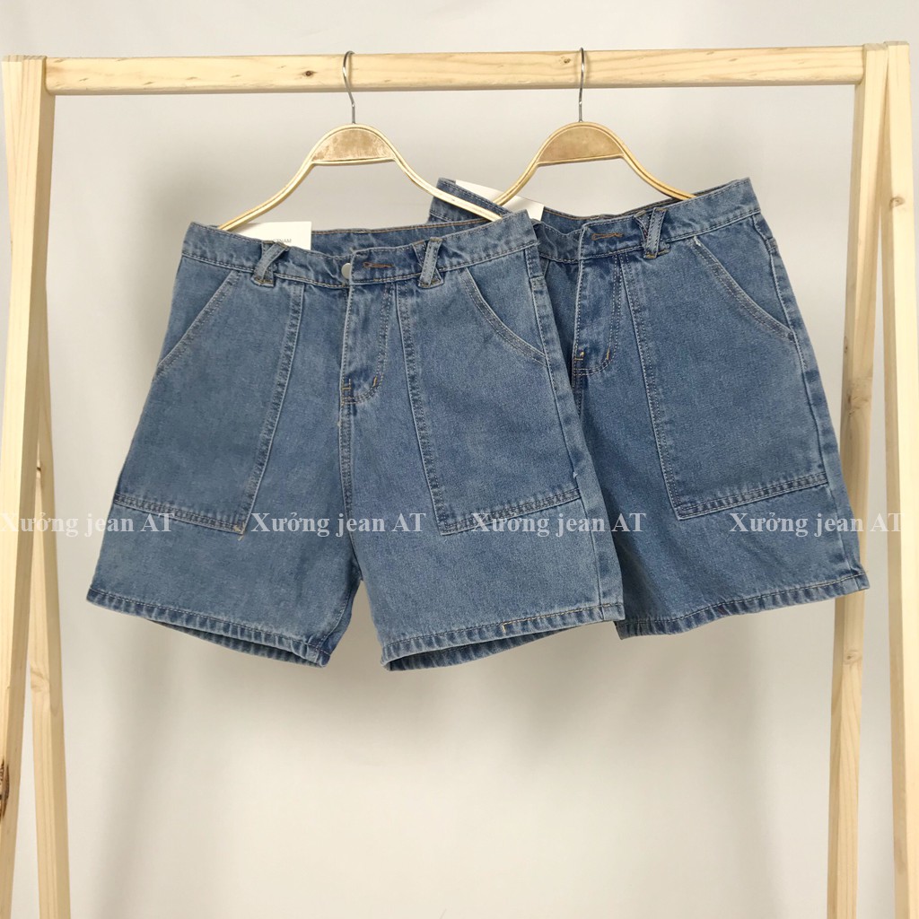 Quần Shorts Jeans Nữ Ống Rộng Túi Vuông Màu Xanh Nhạt Kèm Đai Nhân Cá Tính - 518