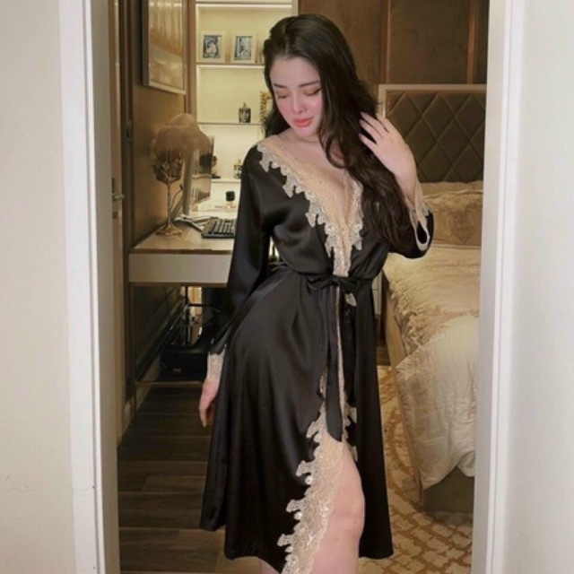 Sét 3 món bộ ngủ kèm choàng lụa sexy cao cấp bộ hai dây quần cộc  mặc  nhà siêu quyến rũ