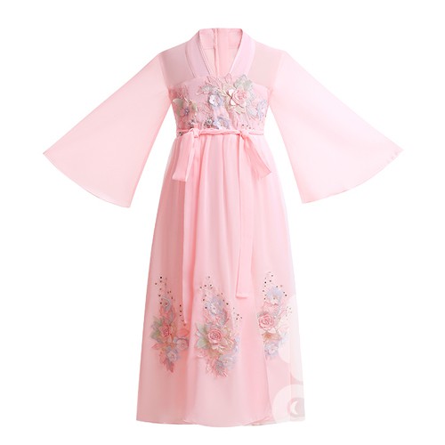 (Hàng có sẵn) Bộ hán phục trẻ em màu hồng phấn thêu hoa cho bé gái