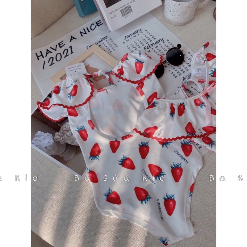 Đồ Bơi Bé Gái, Bộ Bơi Trẻ Em, Bikini Dâu Tây Một Mảnh Hở Lưng Cho Bé Gái Từ 7kg - 20kg