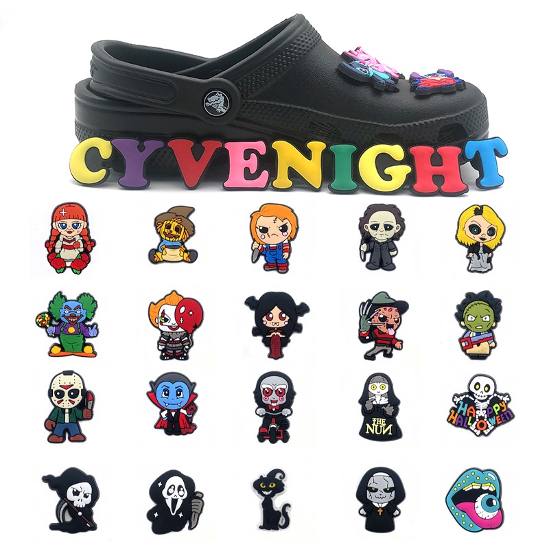 Yếu tố kinh dị MỚI Bộ sưu tập nhân vật trong phim kinh dị Halloween Dòng Graffiti PVC Jibbitz Trang trí giày tự làm cho Crocs Guốc dép Phụ kiện bán buôn