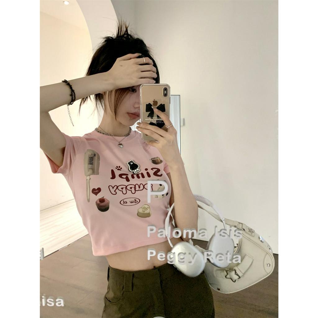 Ethelgirl Áo Thun Tay Ngắn Dáng Ôm In Chữ Và Hoạt Hình Phong Cách Hàn Quốc Thời Trang Cho Nữ