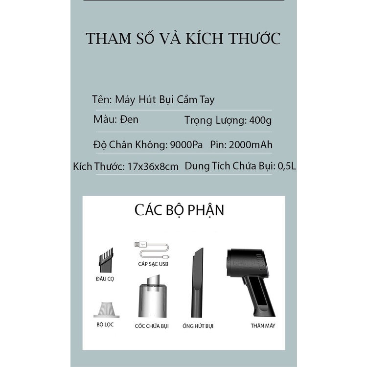 Máy Hút Bụi Cầm Tay Không Dây, Có Đèn Cao Cấp, Lực Hút Lớn 9000PA, Êm Ái Mạnh Mẽ, Sử Dụng Trong Nhà, Ngoài Trời, Ô Tô
