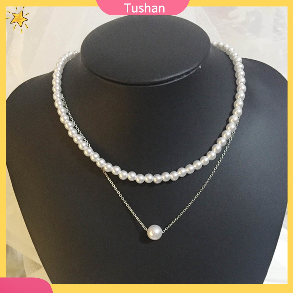 TUSH Women Girl Double Layer Faux Pearl Pendant Clavicle Chain Necklace Party Jewelry