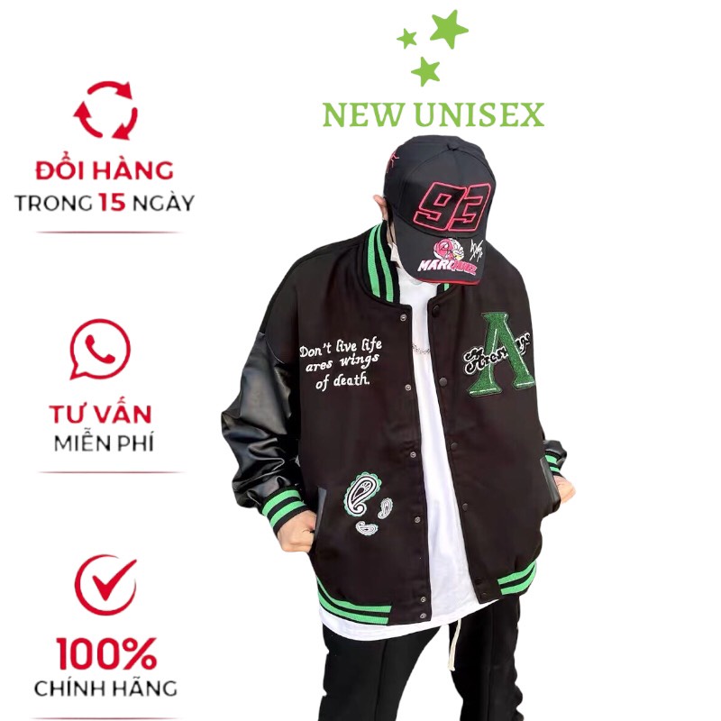 Áo Khoác Bomber Unisex Form Rộng Áo 2 Lớp Vải Dạ Dày Phối Tay Da Cao Cấp