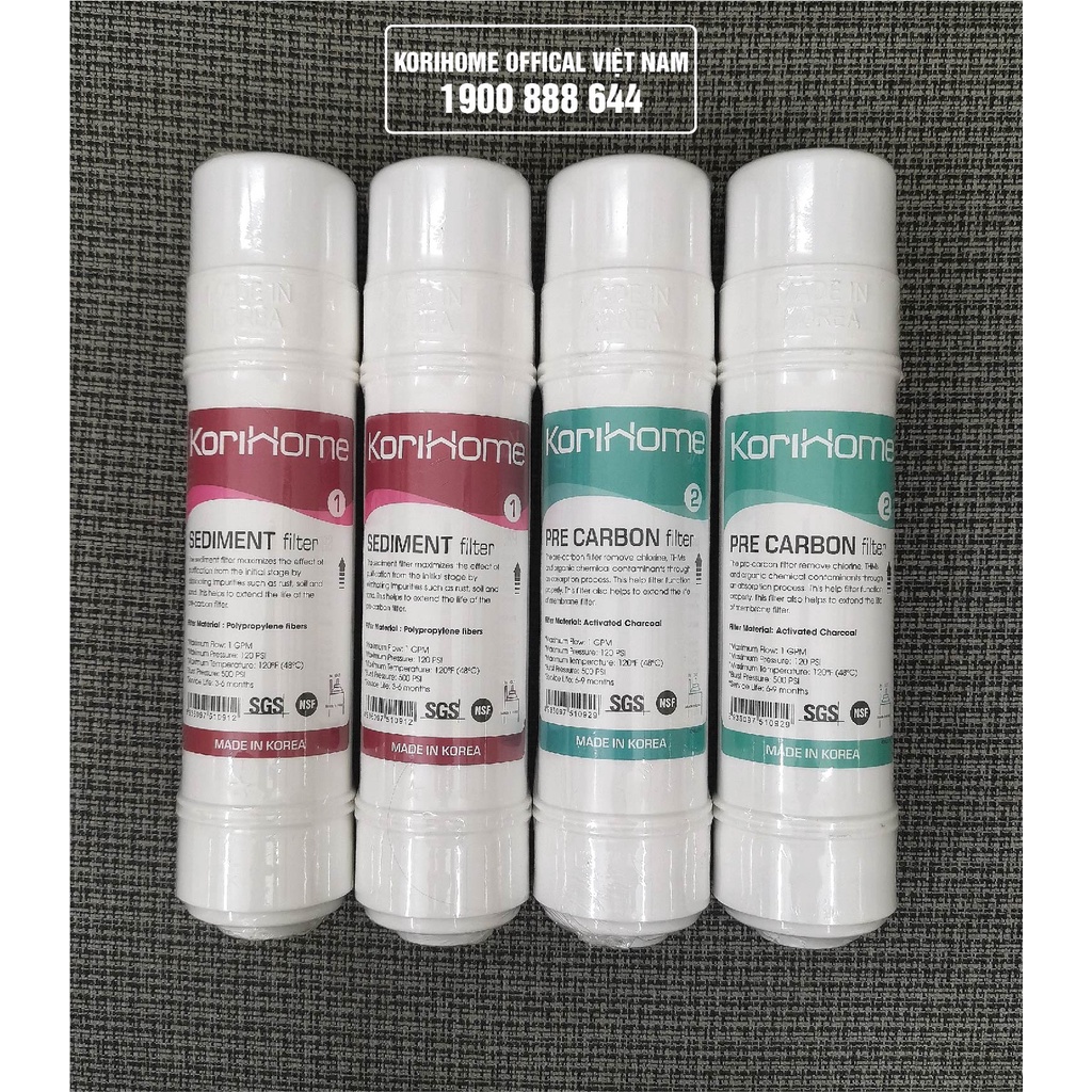 Combo 4 lõi lọc nước Korihome  gồm 2 Sediment, 2 Pre Carbon - Hệ lõi cắm nhanh 10' dùng cho tất cả dòng máy Korihome