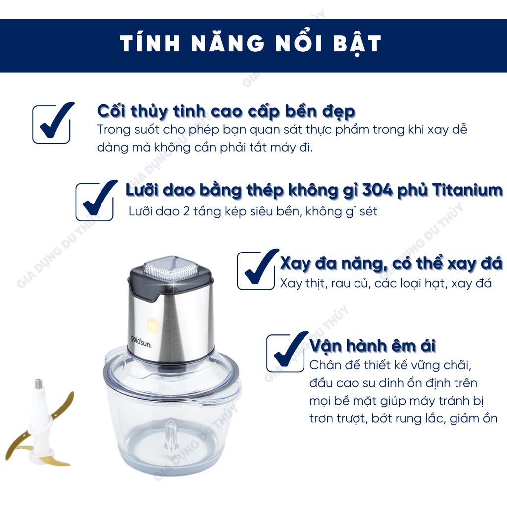 Máy xay thịt đa năng Goldsun lưỡi dao 2 tầng kép inox 304 phủ titanium siêu bền, siêu bén 1L2 300W bảo hành 12 tháng