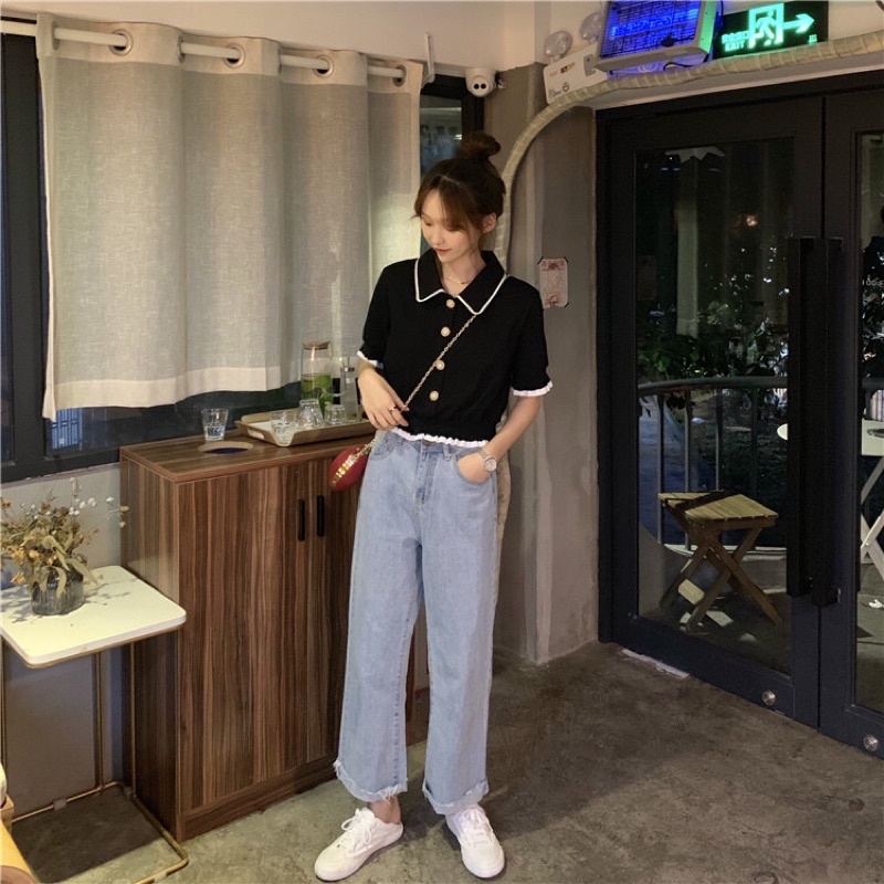[Order] Áo polo vải len gân hoạ tiết cúc áo xinh xắn ulzzang | BigBuy360 - bigbuy360.vn