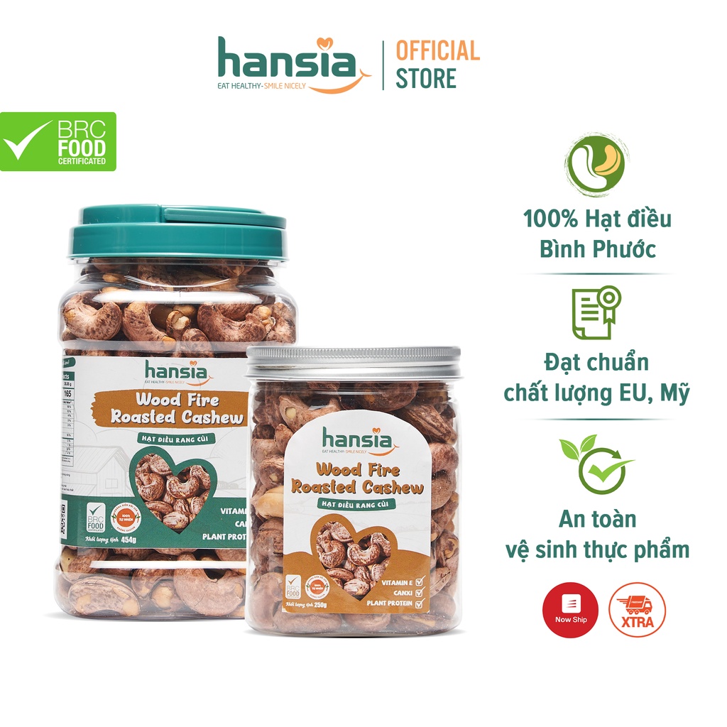 Hạt Điều Rang Muối Organic HANSIA Vị Tự Nhiên Thơm Ngon, Bổ Dưỡng, Không Chất Phụ Gia, Hạt To, Đều Hộp 250g - 454g