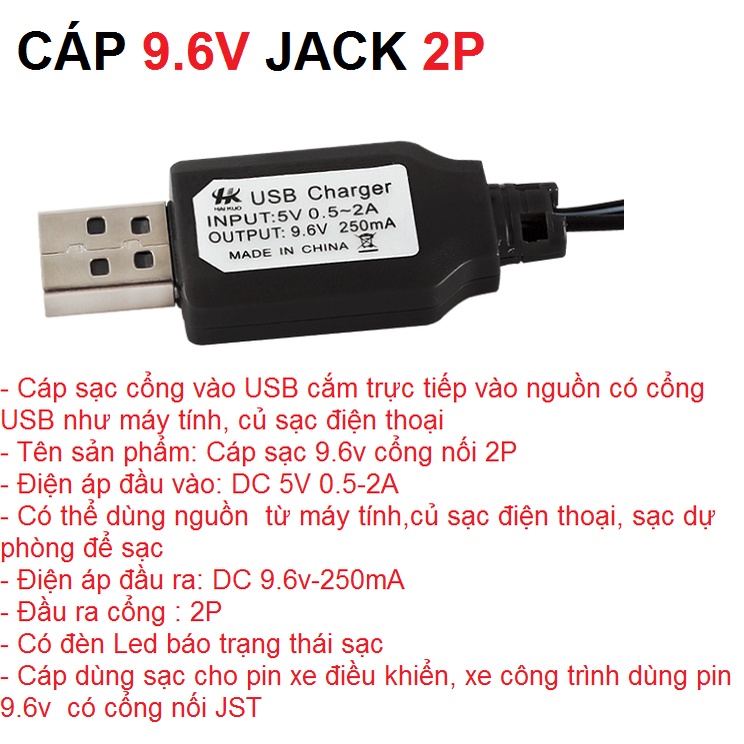 Cáp sạc 9.6V cổng nối KET 2P dùng sạc pin xe mô hình điều khiển từ xa đồ chơi trẻ em