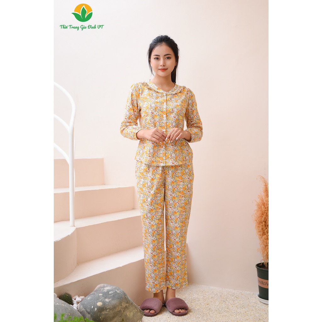 Đồ bộ mặc nhà nữ thu đông Việt Thắng quần dài, áo dài tay, chất Cotton - B50.2208