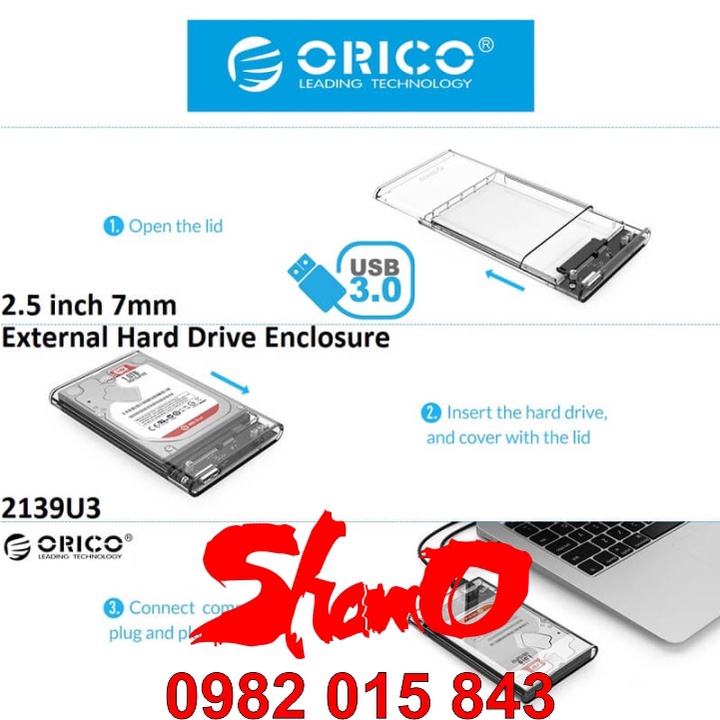 Box ổ cứng 2.5” Orico 2139U3 – Màu trong suốt – Chính hãng – Dùng cho SSD và HDD size 2.5 inch – Bảo hành 12 tháng
