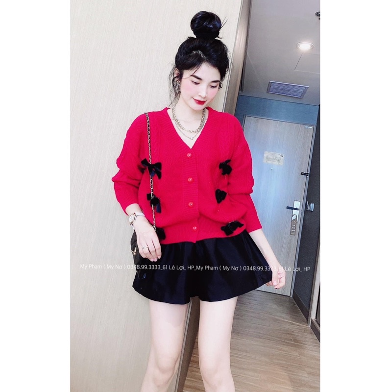 áo len cadigan cúc ngọc phối nơ đen
