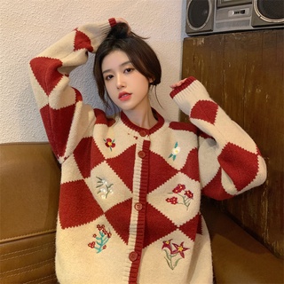 Áo khoác đỏ cardigan nữ tay dài tết noel giáng sinh màu tương phản kẻ ô kim cương caro phong cách Hàn Quốc G-12