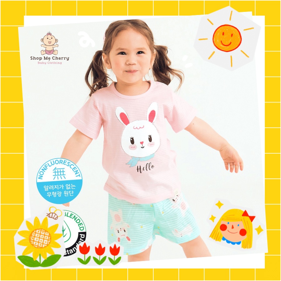 Bộ Ngắn Cao Cấp Cho Bé Nội Địa Hàn Quốc Của Hãng Ttasom, Chất Cotton Giấy Organic, Mẫu Thỏ Quần Xanh