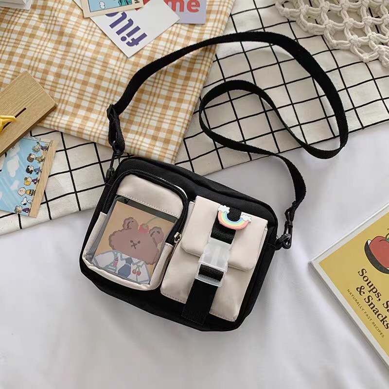 Túi đeo chéo mini vải canvas có bóng kính thời trang unisex cá tính