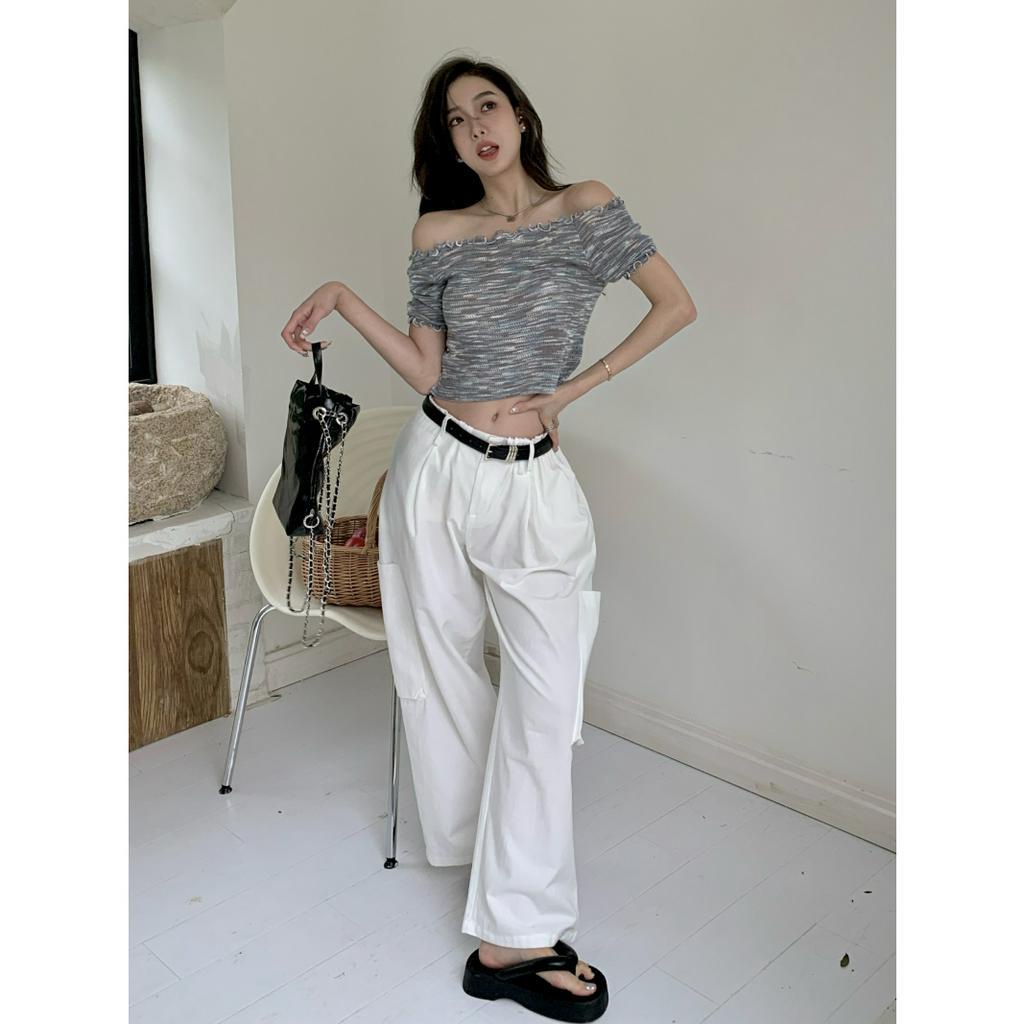 qkoole   Segment-áo Thun Dệt Kim Trễ Vai Ôm Dáng Nhiều Màu Sắc Kèm Nấm